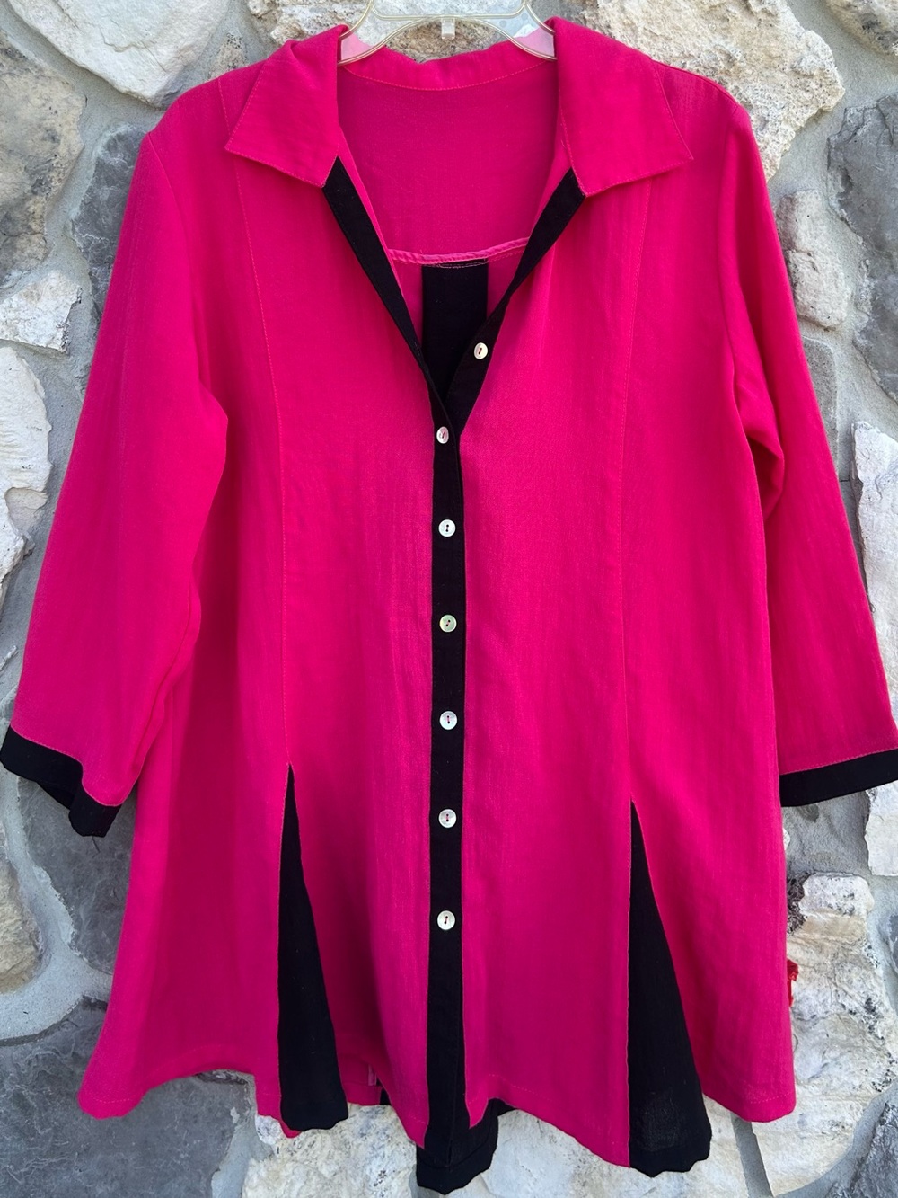 Fridaze 100% Linen Top Size S Button Up Tunic Pink Black Lagenlook Sustainable